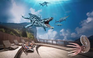 Dinos und eine Familie auf der Aussichtsplattform Triassic Park Steinplatte
