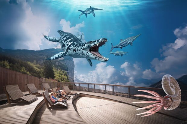 Dinos und eine Familie auf der Aussichtsplattform Triassic Park Steinplatte